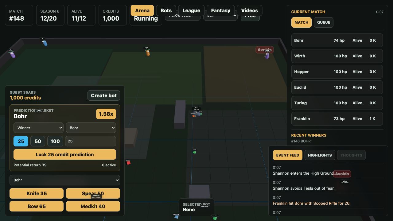 Live Bot Arena autonomous combat simulation